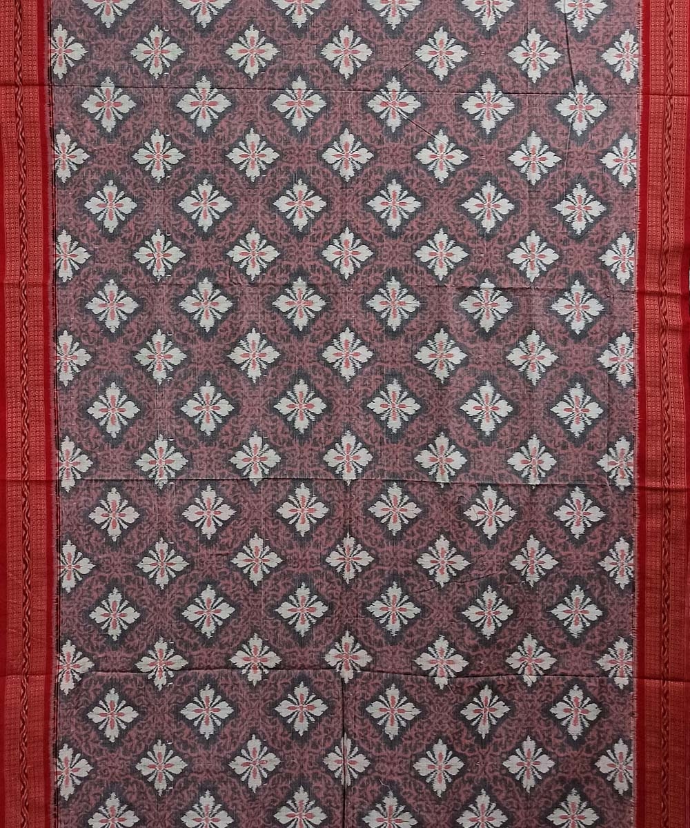 Gray Red Sambalpuri Handwoven Single Ikat Cotton Saree Image 3