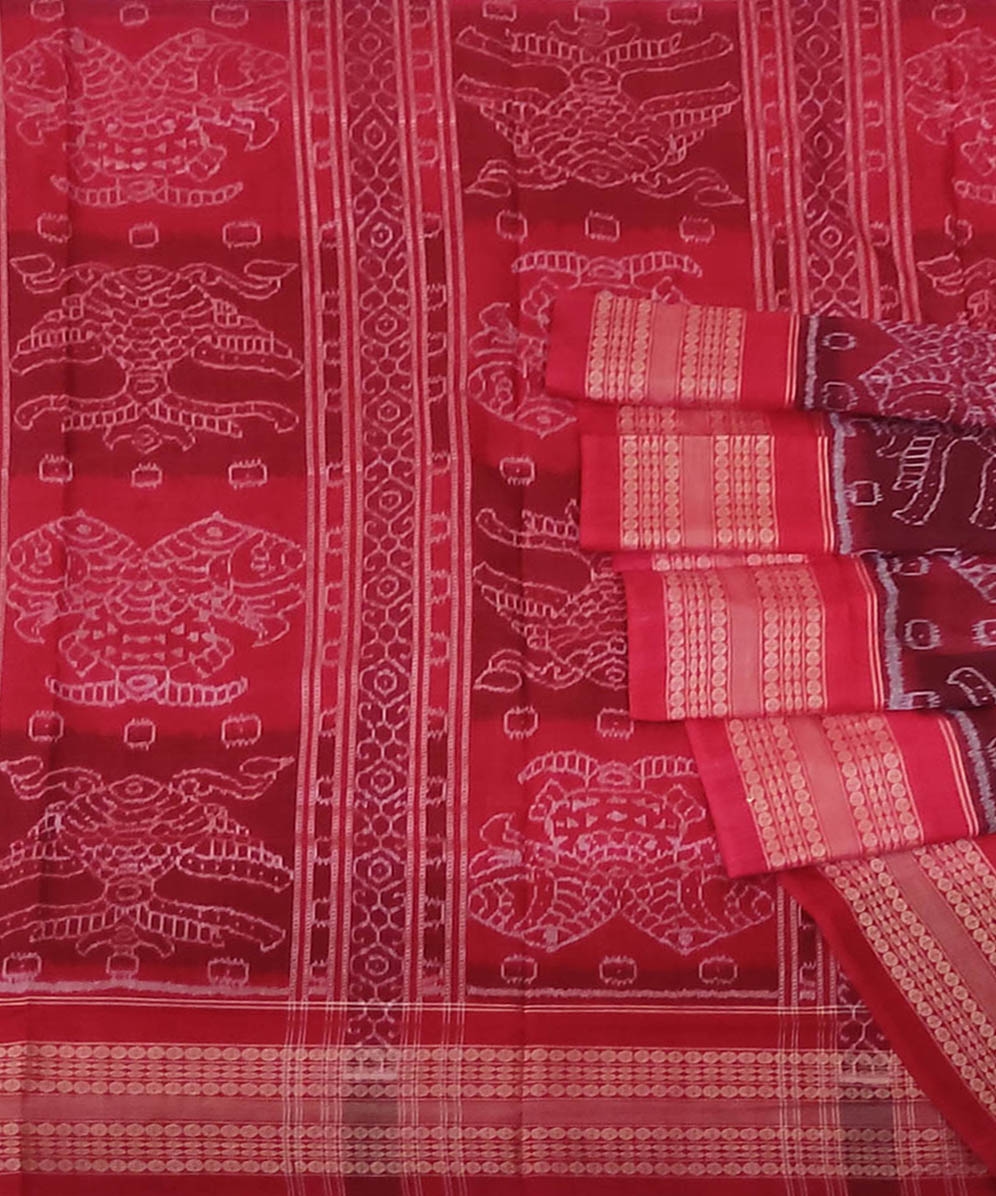 Maroon Red Sambalpuri Handwoven Single Ikat Cotton Saree SFCSAR0099