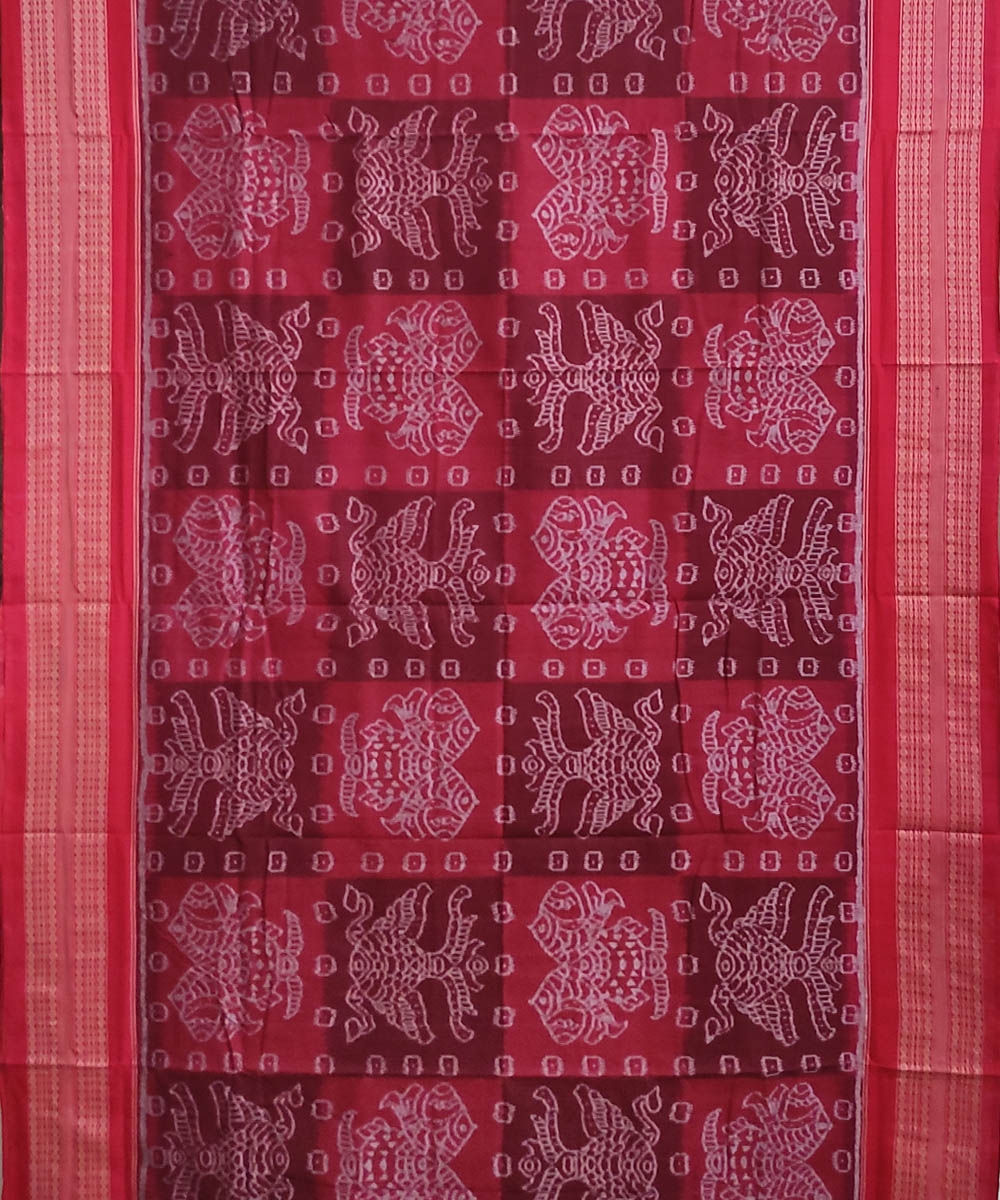 Maroon Red Sambalpuri Handwoven Single Ikat Cotton Saree Image 3