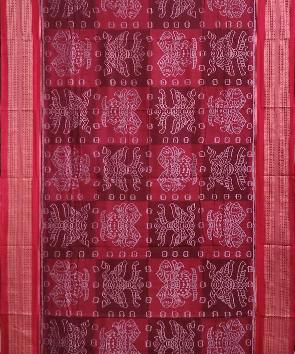 Maroon Red Sambalpuri Handwoven Single Ikat Cotton Saree Image 3