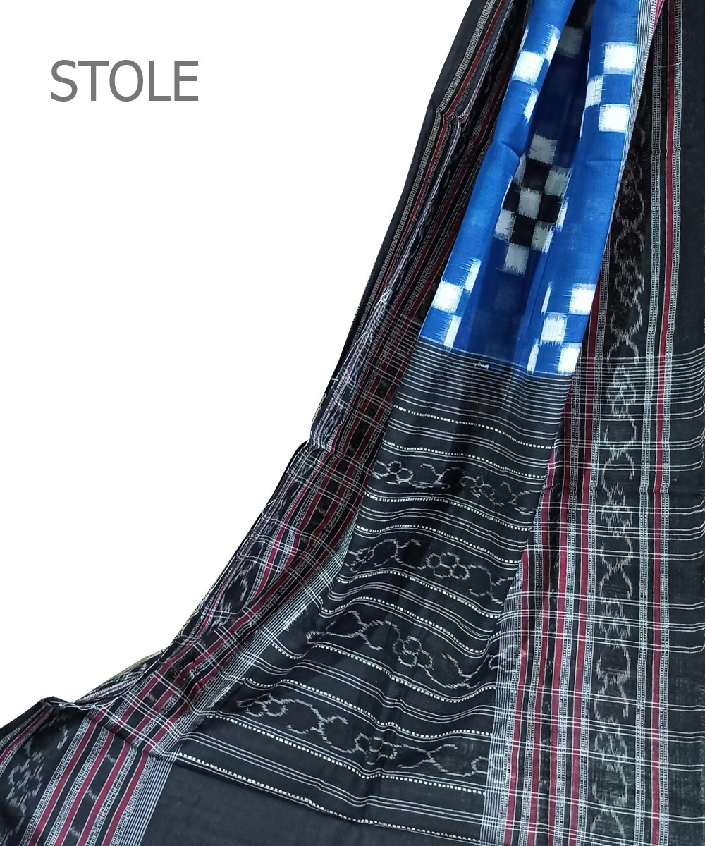 Blue Black Sambalpuri Handwoven Double Ikat Cotton Stole SFCSTL1114