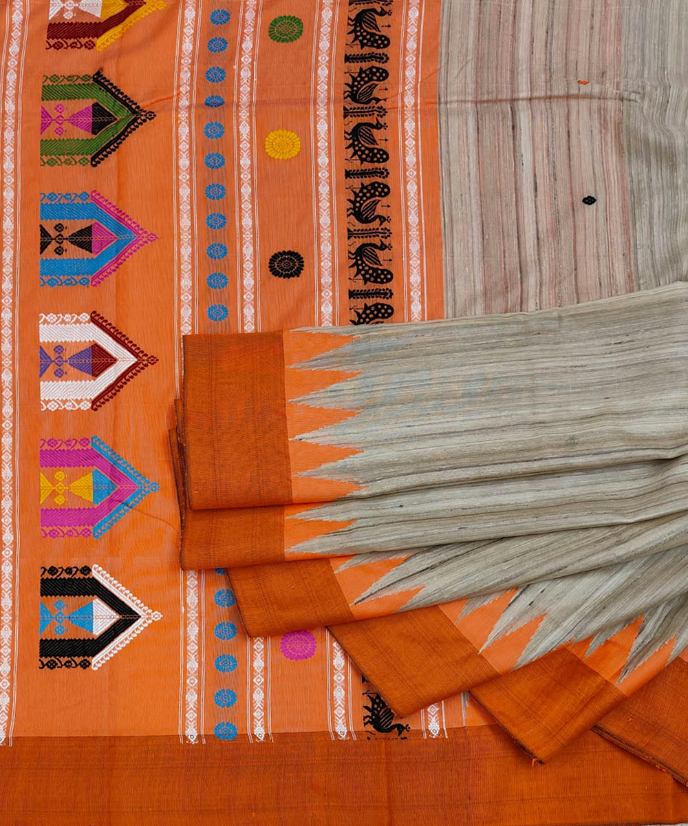 Beige Orange Sambalpuri Handwoven Dolabedi Tussar Silk Saree SFTSAR1126