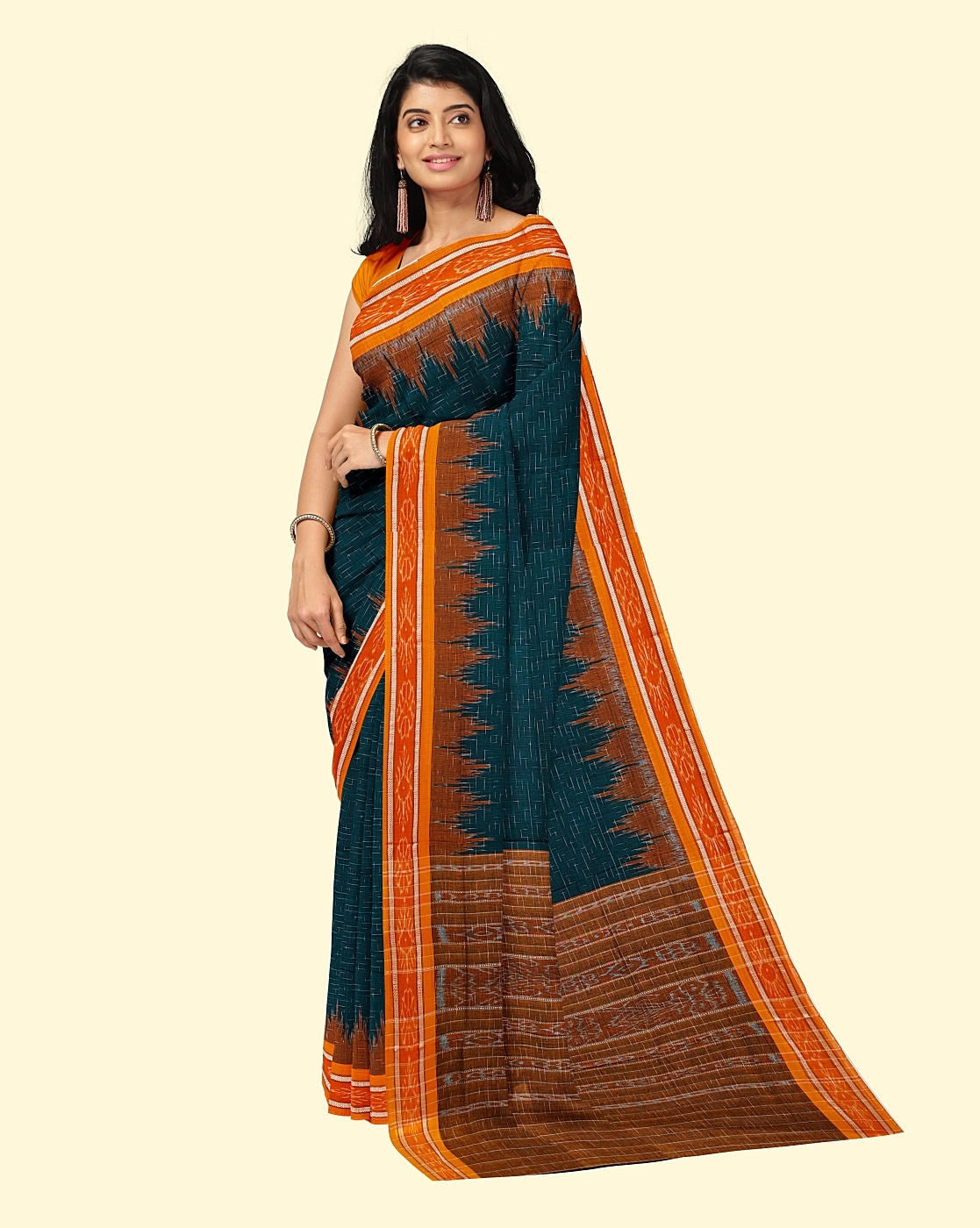 Green Yellow Sambalpuri Handwoven Single Ikat Cotton Saree SFCSARAJ119