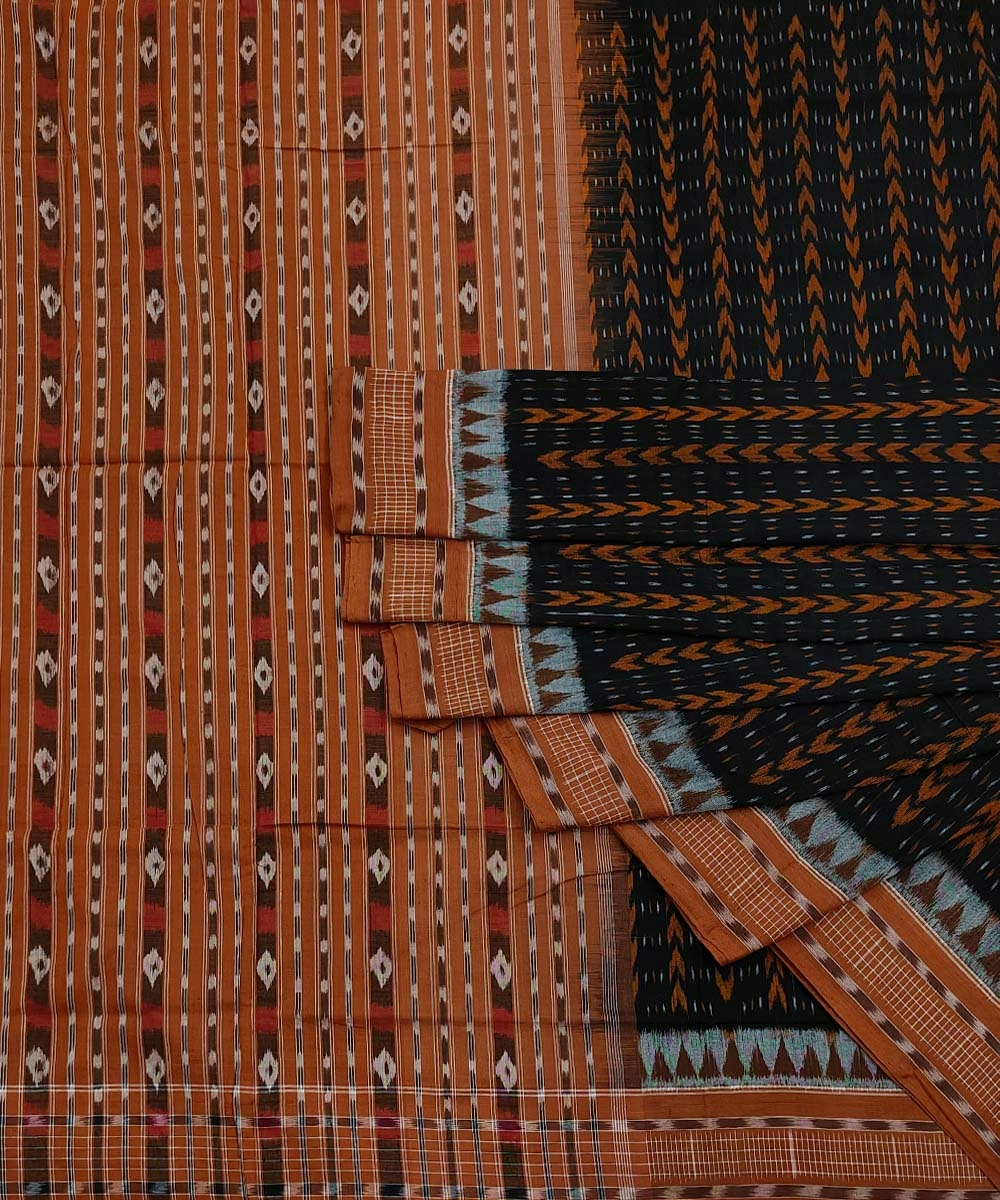 Black Brown Sambalpuri Handwoven Single Ikat Cotton Saree SFCSAR1201