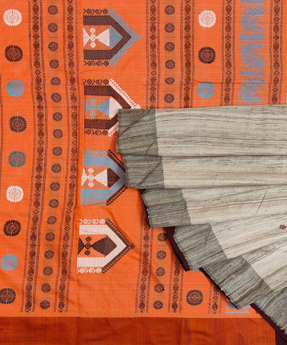 Beige Orange Sambalpuri Handwoven Dolabedi Tussar Silk Saree SFTSAR1204 