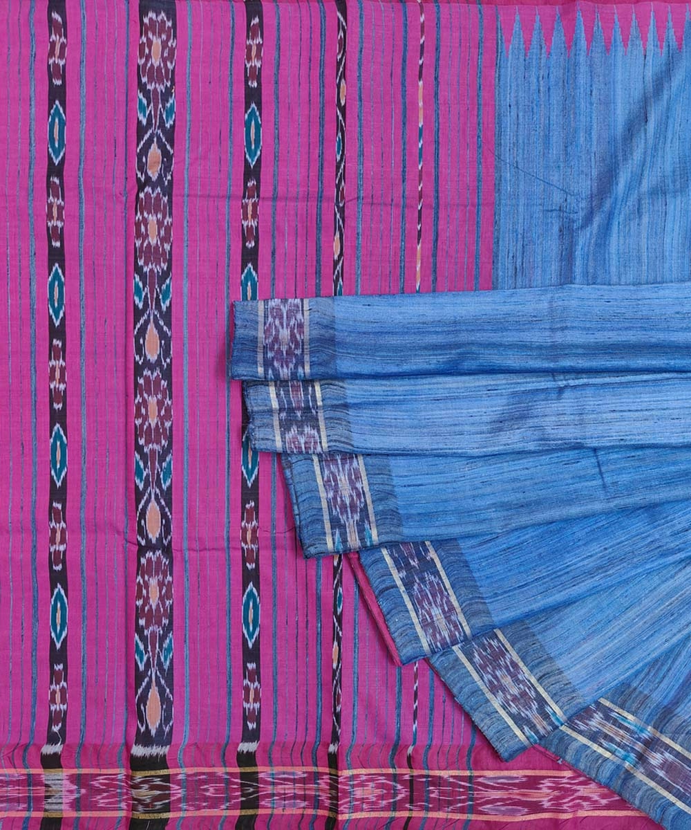 Blue Pink Sambalpuri Handwoven Ikat Border Design Tussar Silk Saree SFTSAR1207
