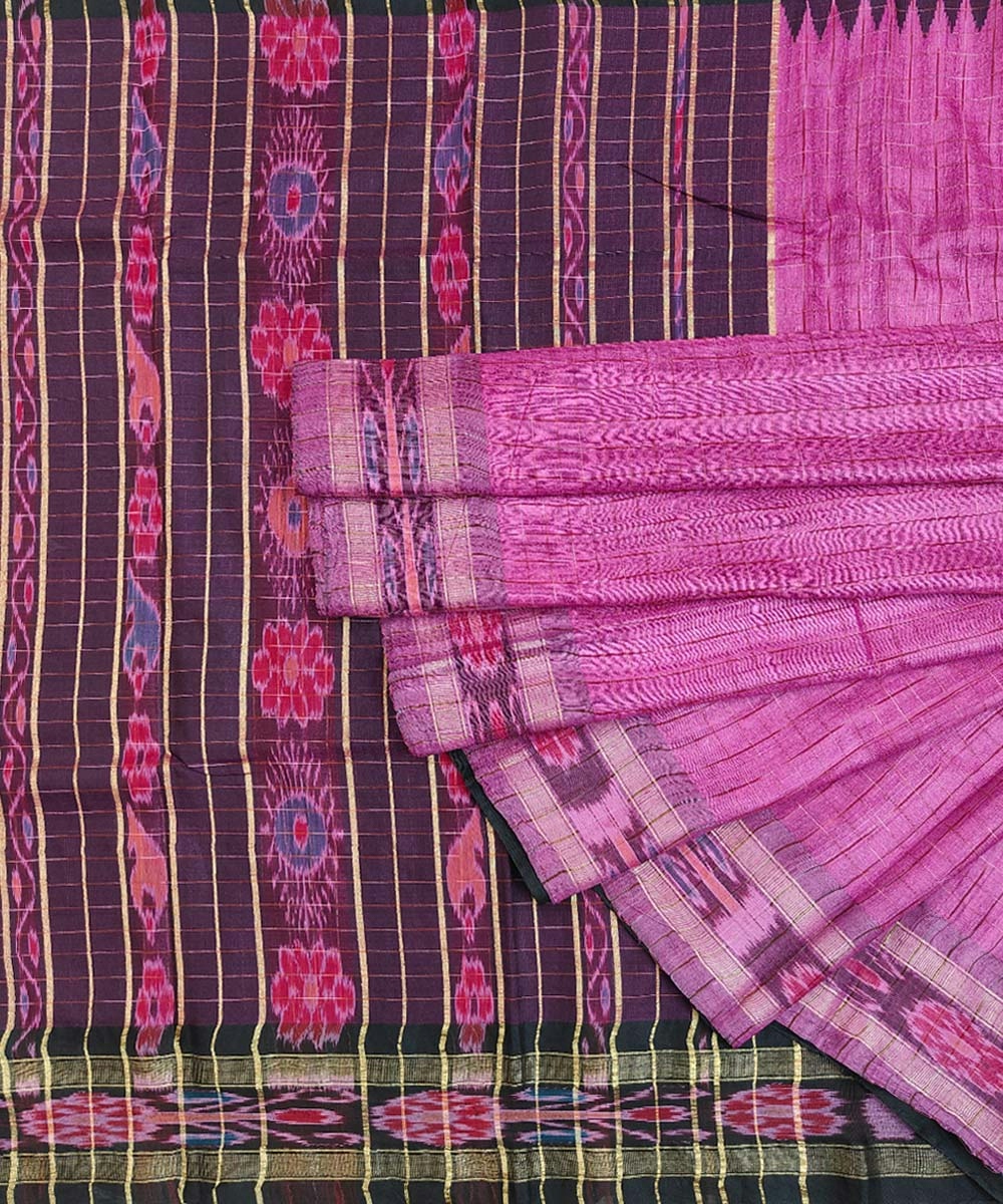 Pink Black Sambalpuri Handwoven Ikat Border Tussar Silk Saree SFTSAR1213