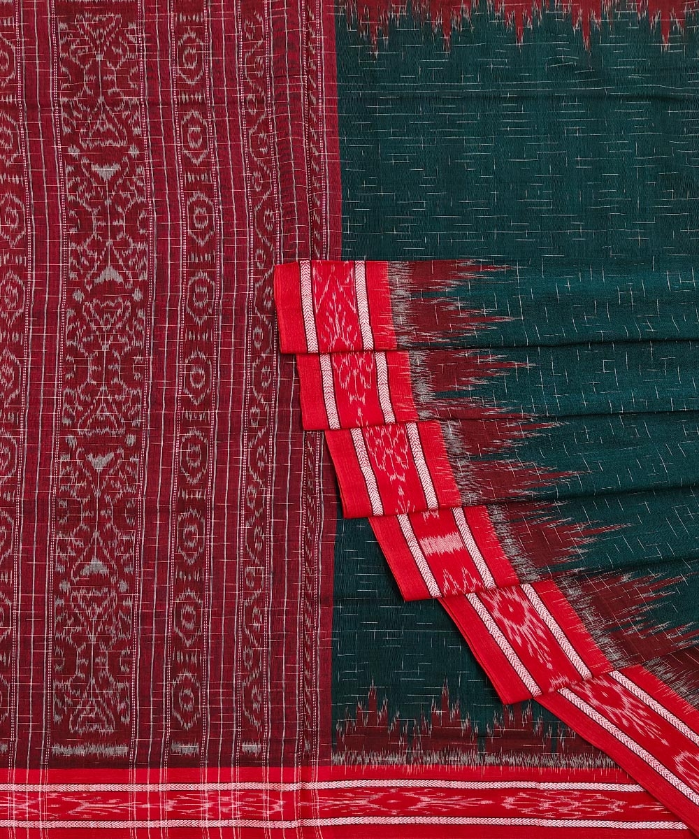 Green Red Nuapatna Handwoven Single Ikat Cotton Saree SMCSAR1271