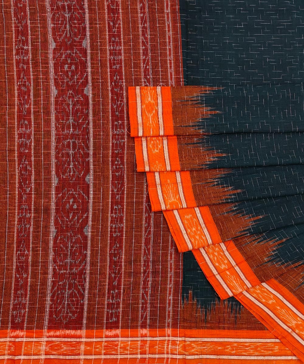 Green Orange Nuapatna Handwoven Single Ikat Cotton Saree SMCSAR1274