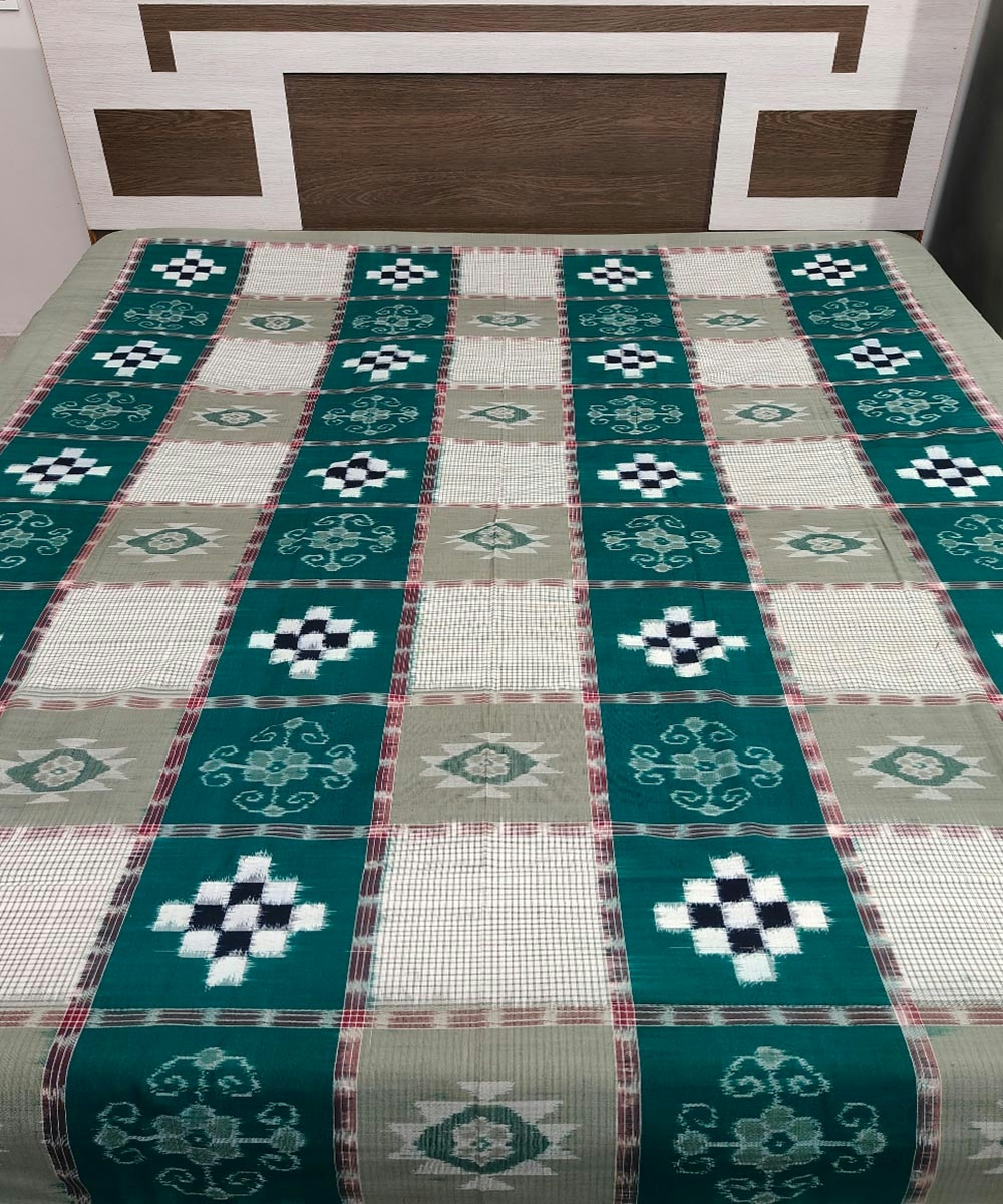 Offwhite Green Sambalpuri Handwoven Cotton Double Bed Sheet SMCBED1277