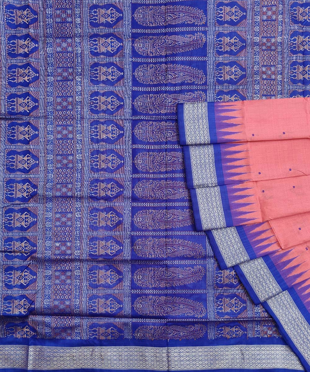 Pink Blue Handwoven Bomkei Silk Saree SFSSAR1374