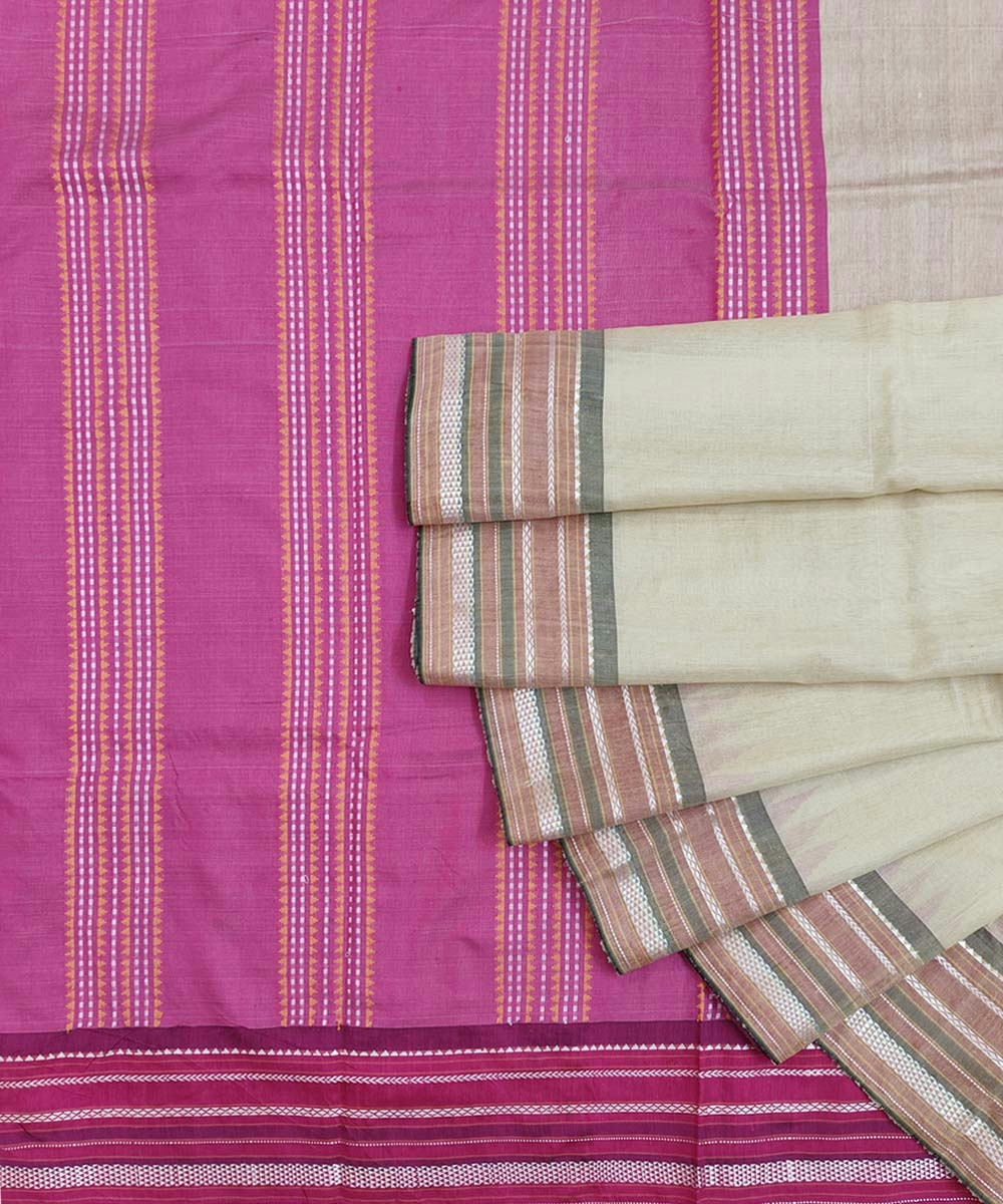 Beige Pink Sambalpuri Handwoven Vidarbha Tussar Silk Saree SFTSAR1389