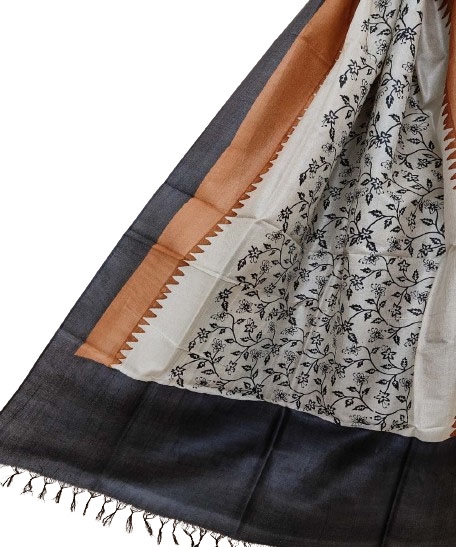 Beige Black Handwoven Tussar Silk Dupatta SFTDUP1397