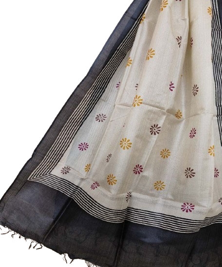 Beige Black Handwoven Tussar Silk Dupatta SFTDUP1401