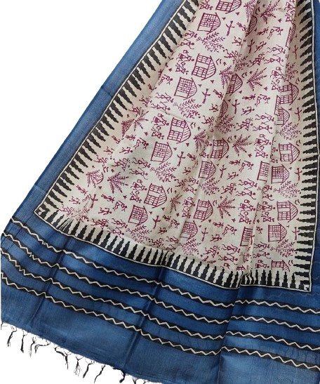 Beige Blue Handwoven Tussar Silk Dupatta SFTDUP1402