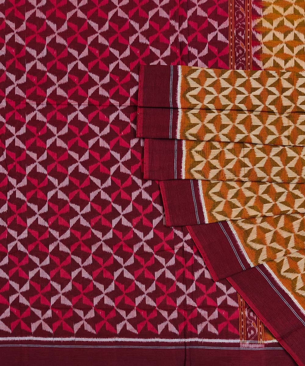 Beige Maroon Sambalpuri Handwoven Single Ikat Cotton Saree Image 1