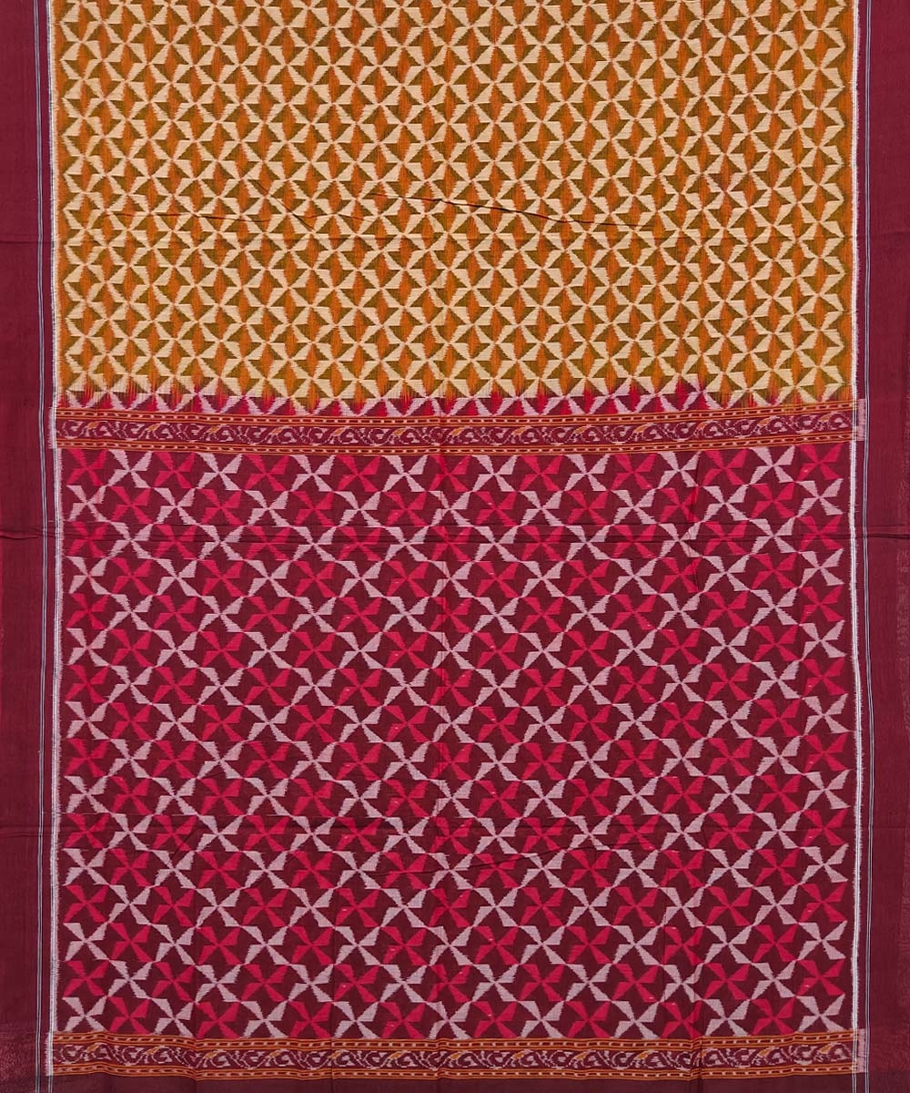 Beige Maroon Sambalpuri Handwoven Single Ikat Cotton Saree Image 2