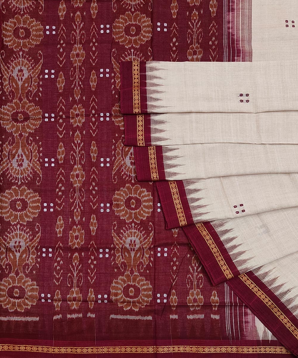 Beige Maroon Sambalpuri Handwoven Single Ikat Cotton Saree SFCSAR1504