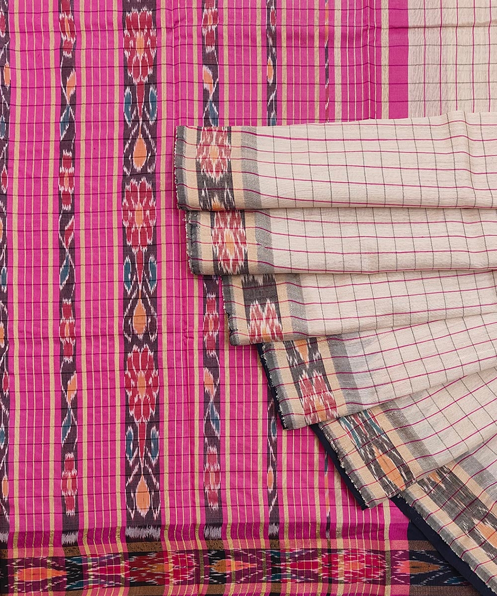 Beige Pink Sambalpuri Handwoven Ikat Border Tussar Silk Saree SFTSAR1509