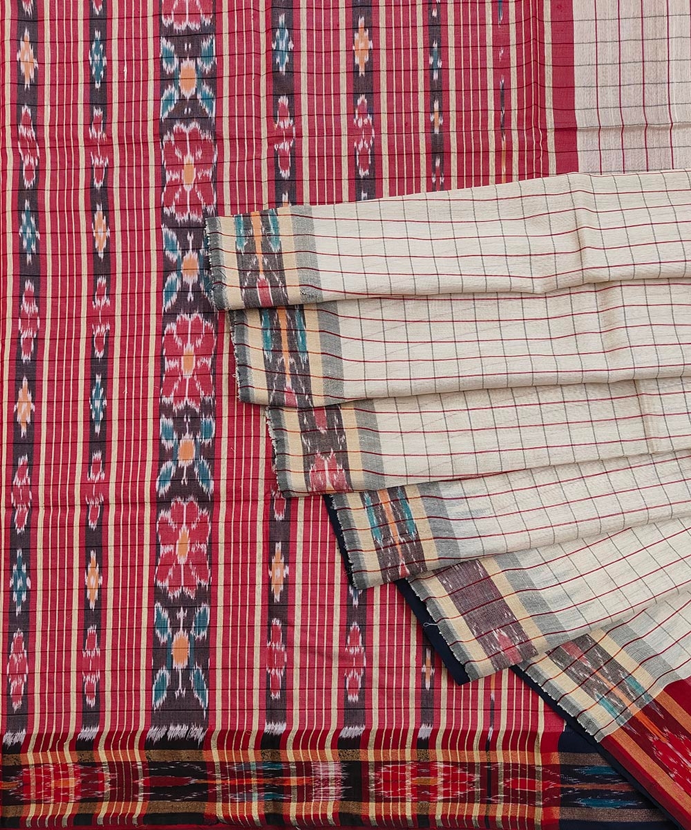 Beige Red Sambalpuri Handwoven Ikat Border Tussar Silk Saree SFTSAR1512