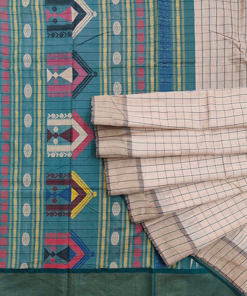 Beige Green Sambalpuri Handwoven Dolabedi Tussar Silk Saree SFTSAR1518