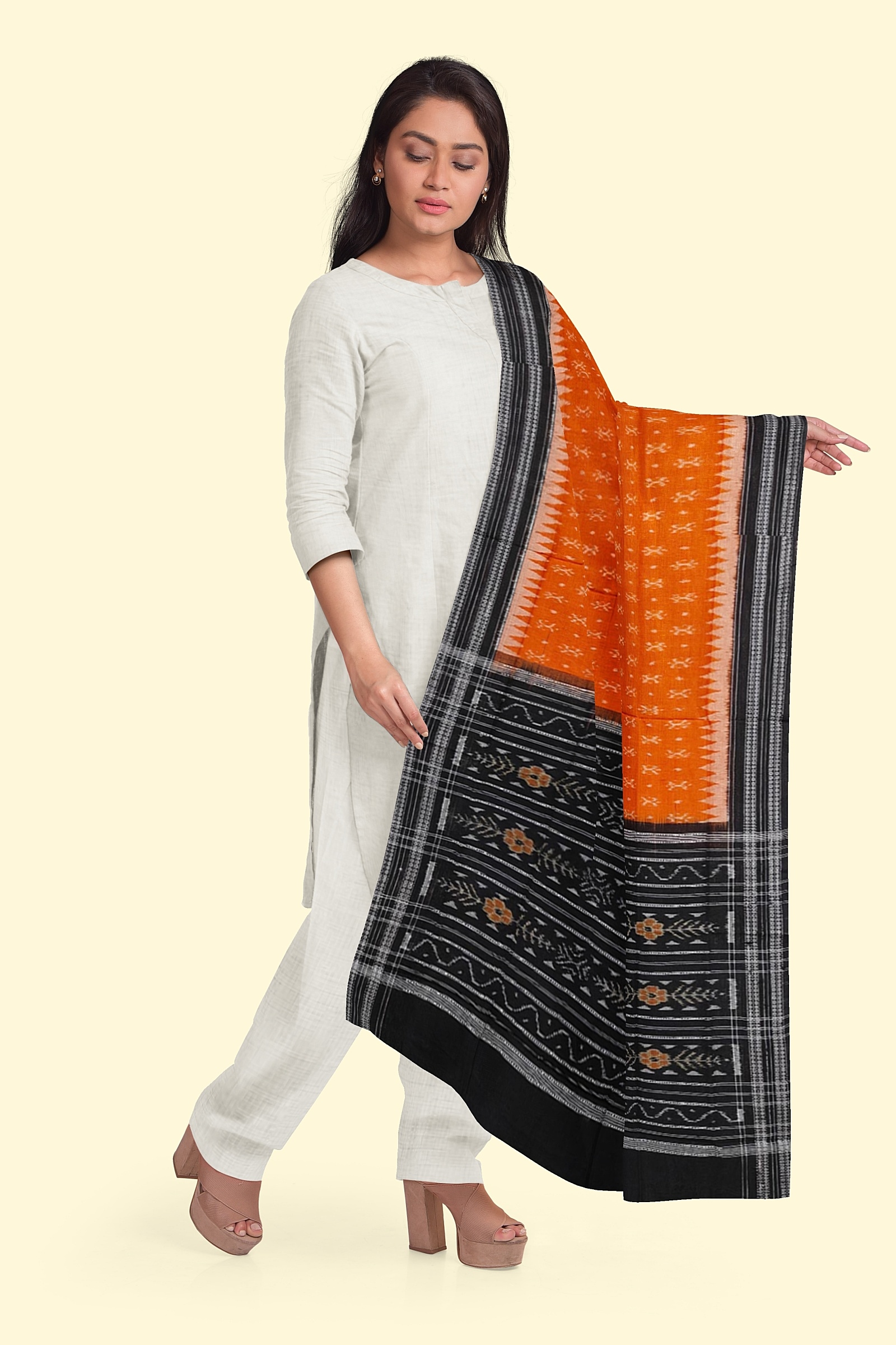 Rust Black Sambalpuri Handwoven Single Ikat Cotton Dupatta SFCDUP186A