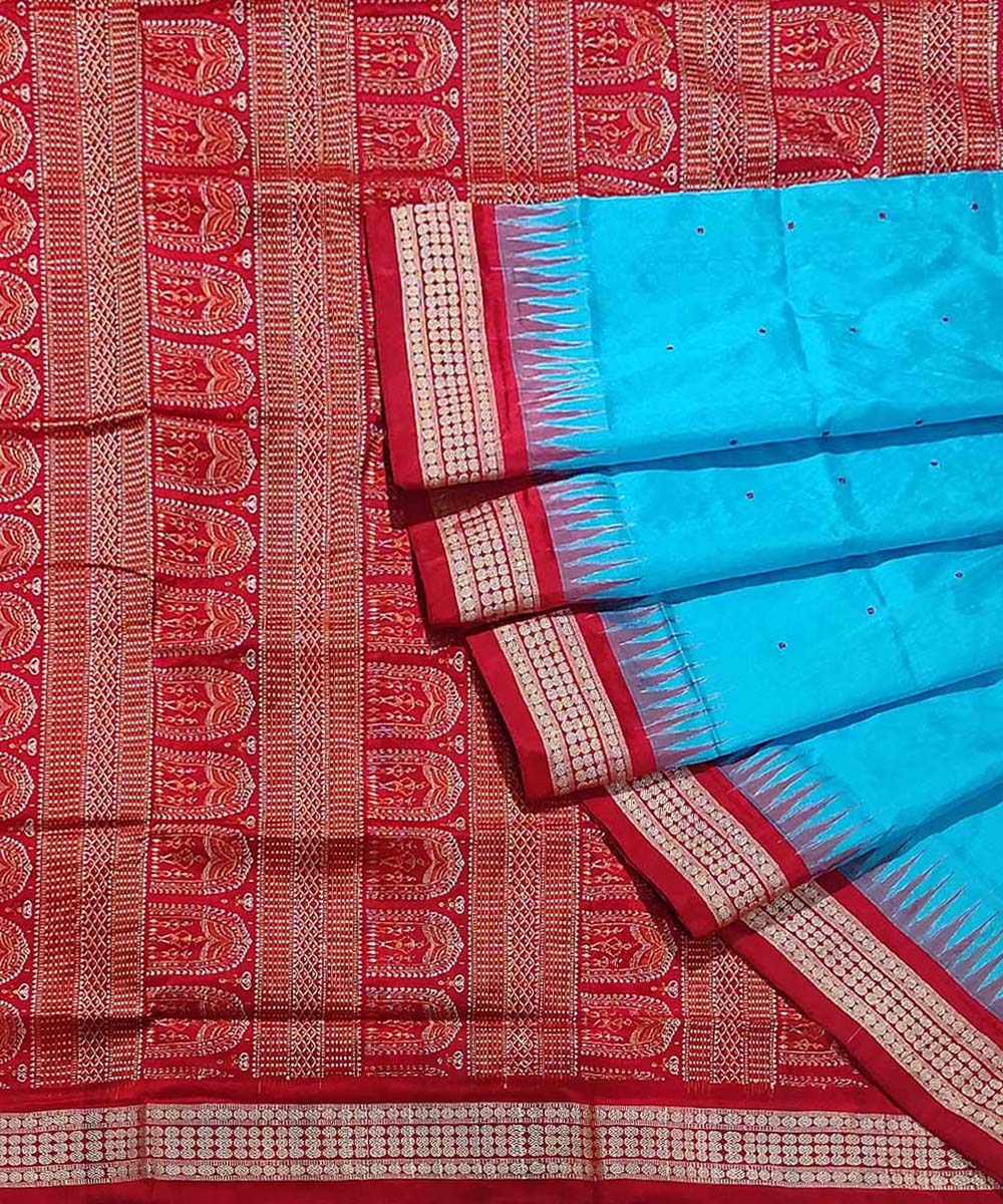 Sky Blue Red Handwoven Bomkei Silk Saree SFSSAR0333