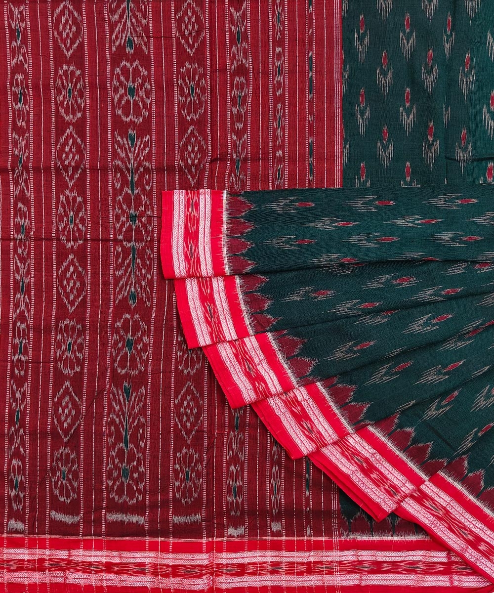 Green Red Nuapatna Handwoven Single Ikat Cotton Saree SFCSAR0506