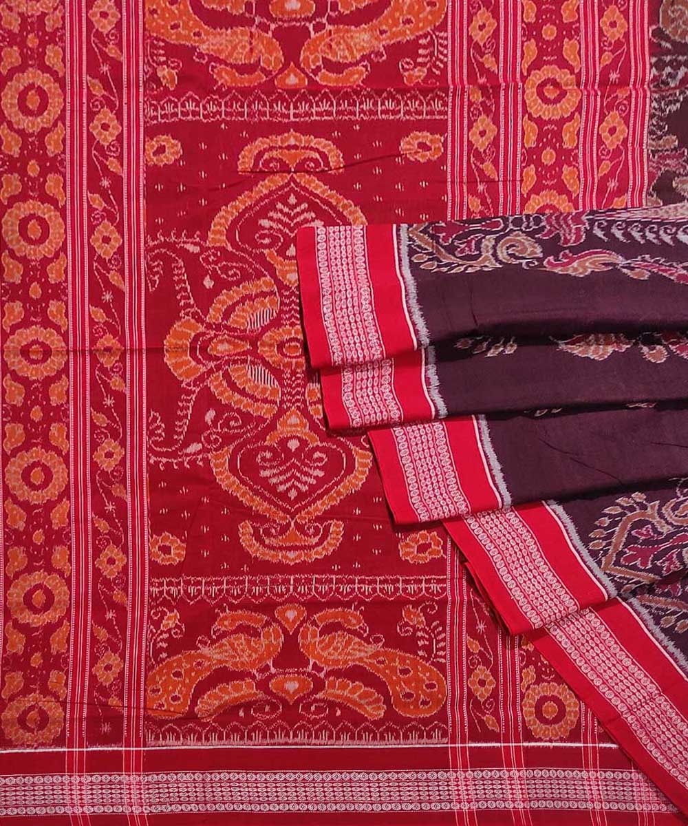 Coffee Red Sambalpuri Handwoven Single Ikat Cotton Saree SFCSAR0600