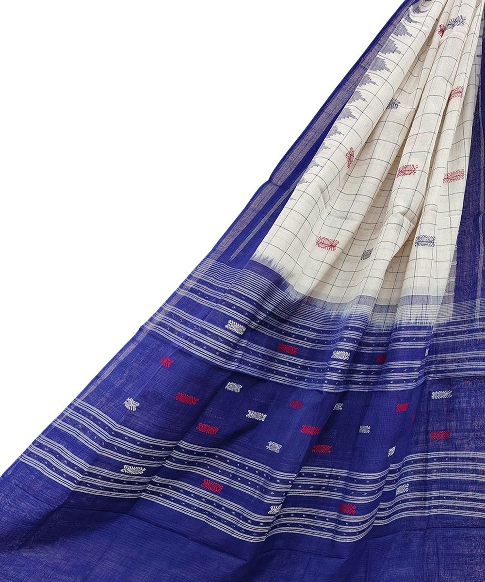 Offwhite Blue Sambalpuri Handwoven Hath Kumbha with Fish Buti Cotton Dupatta SFCDUP0660