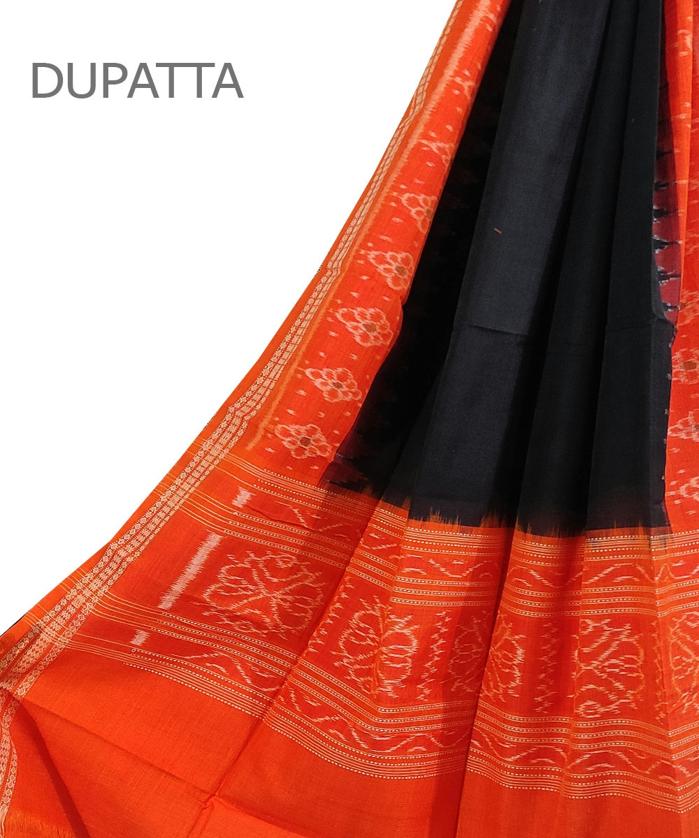 Black Orange Sambalpuri Handwoven Single Ikat Cotton Dupatta SFCDUP0784