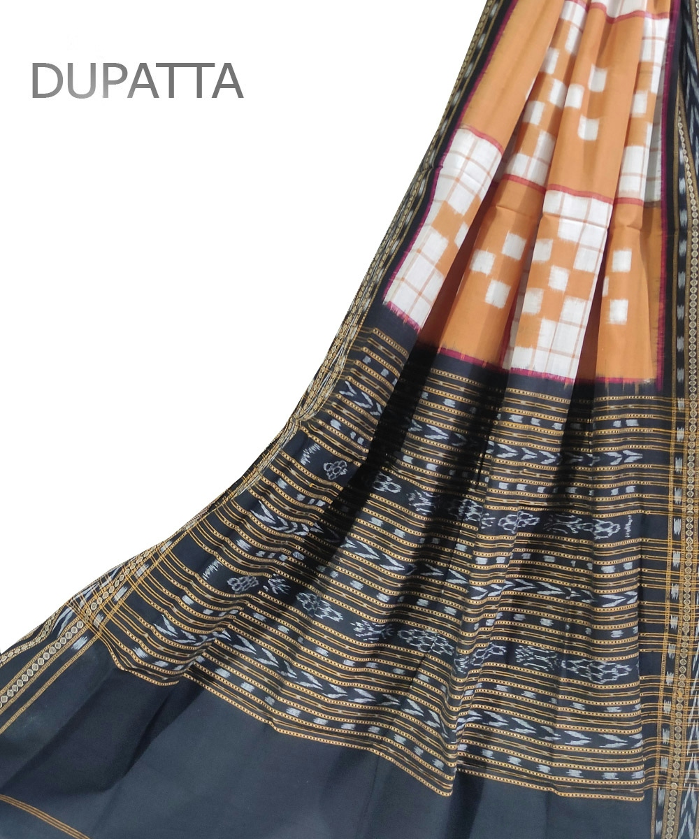 Brown Black Sambalpuri Handwoven Double Ikat Cotton Dupatta SFCDUP0795