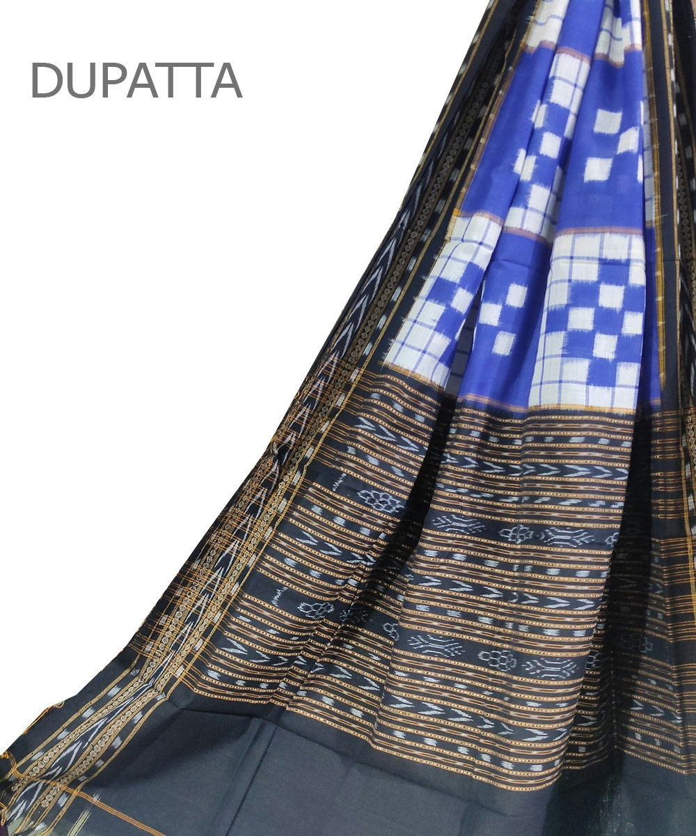 Blue Black Sambalpuri Handwoven Double Ikat Cotton Dupatta SFCDUP0798