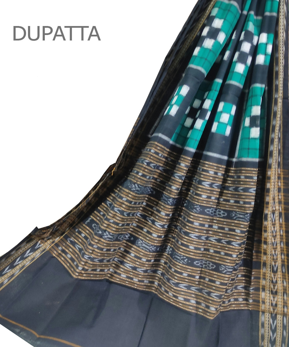 Green Black Sambalpuri Handwoven Double Ikat Cotton Dupatta SFCDUP0799