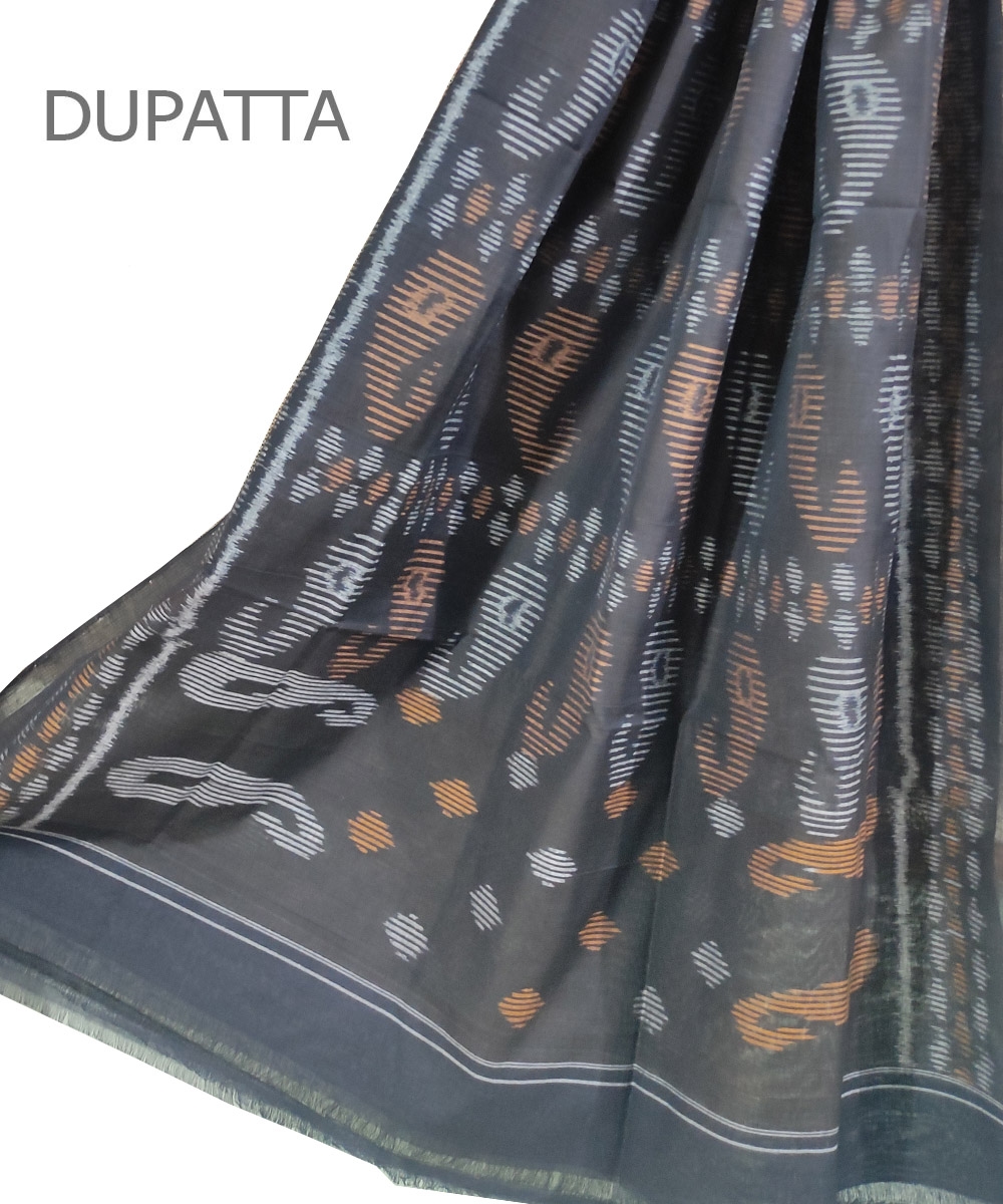 Ash Gray Nuapatna Handwoven Single Ikat Cotton Dupatta SFCDUP0804