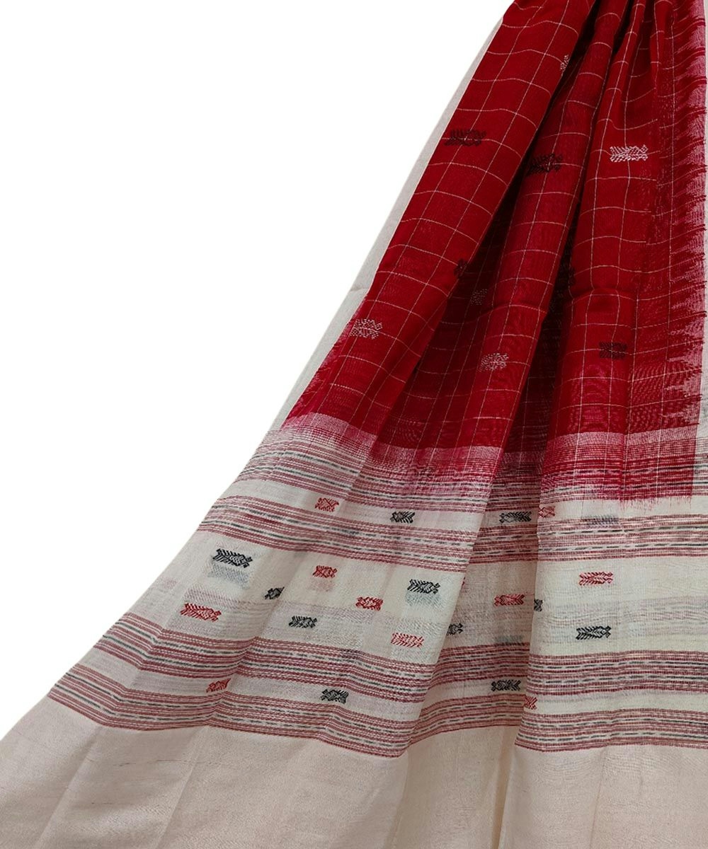 Red White Sambalpuri Handwoven Single Ikat Cotton Dupatta SFCDUP0080