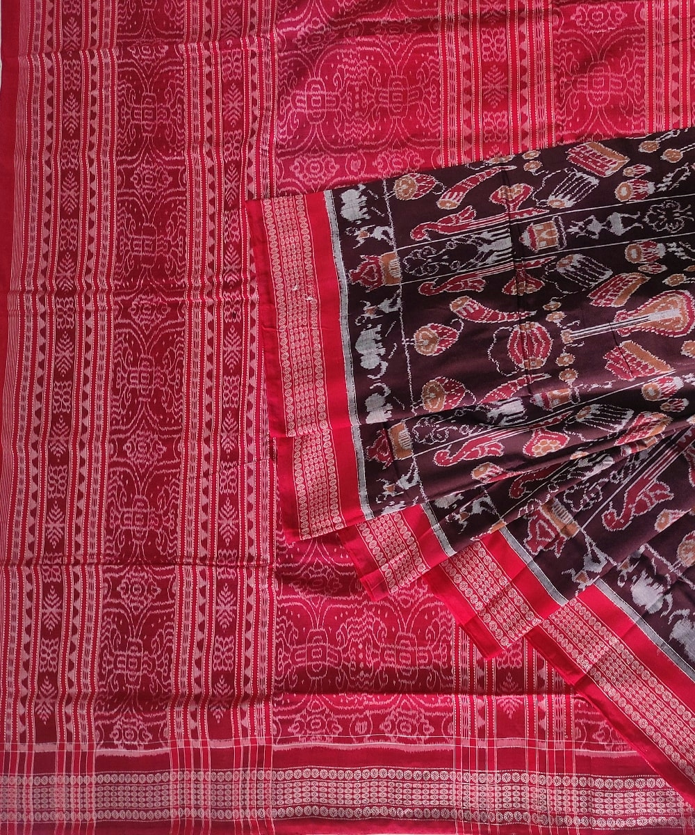 Cofee Red Sambalpuri Handwoven Single Ikat Cotton Saree SFCSAR0817