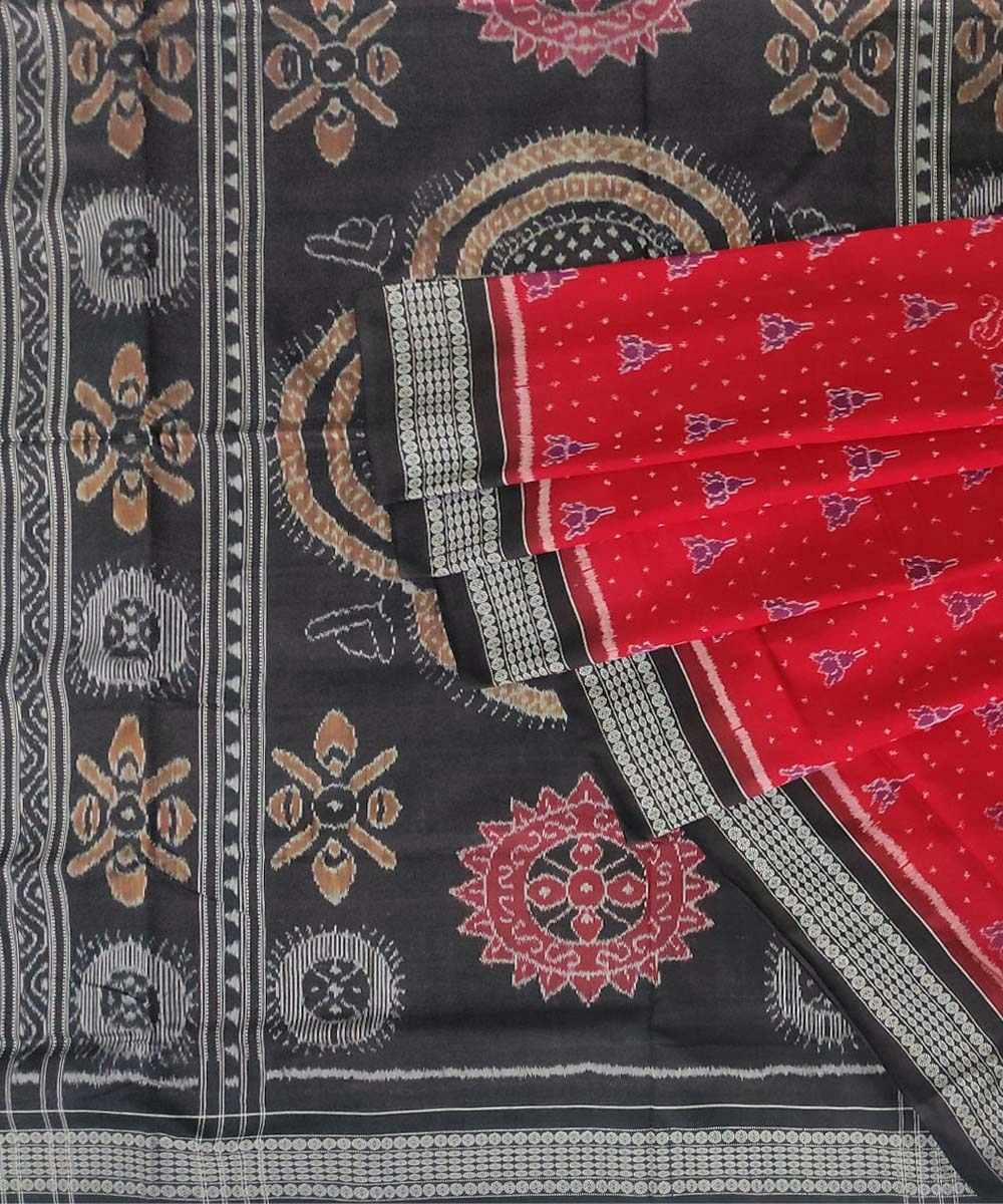 Red Black Sambalpuri Handwoven Single Ikat Cotton Saree SFCSAR0827