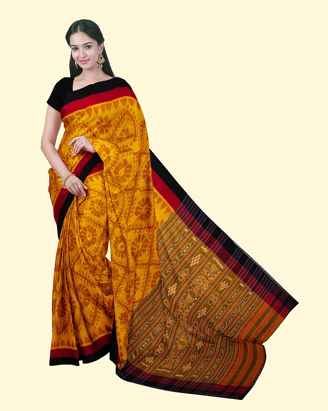 Orange Black Sambalpuri Handwoven Single Ikat Cotton Saree SFCSARAJ96