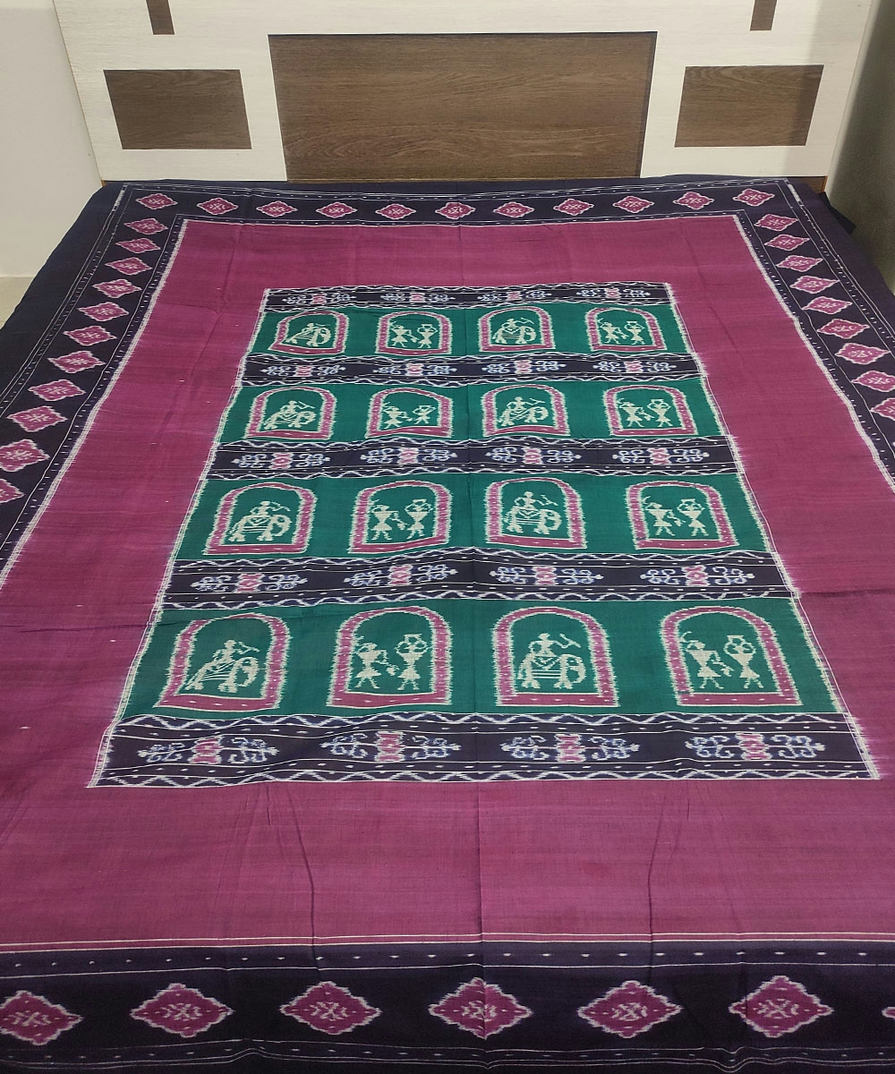 Purple Green Sambalpuri Handwoven Cotton Double Bed Sheet SFCBED0976