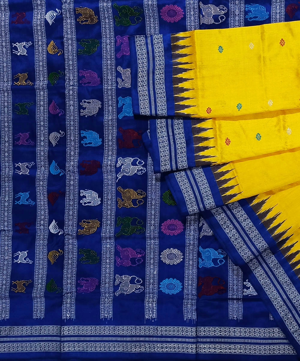 Yellow Blue Handwoven Bomkai Silk Saree SFSSAR0987